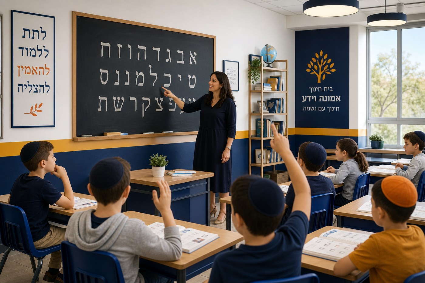 Students learning Hebrew in a bright modern classroom